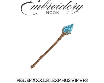 Fantasy Wizard Wand Machine Embroidery Pattern With Magical Blue Flame Staff Stitch Design. Witchcraft Halloween Digital File For Clothing.