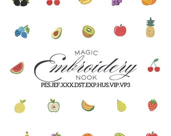 Mini fruit embroidery bundle with vibrant stitched produce icons. Summer fruit designs for accessories and decorative embroidery projects.