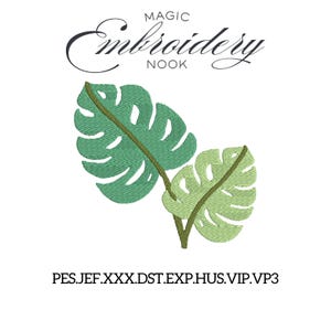 Detailed Monstera Leaves Embroidery Design. 2 Leaf Tropical Embroidery Pattern. Hawaiian Jungle Summer Leaf  Embroidery. Nature embroidery.