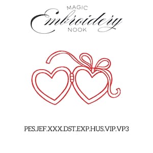 May include: Red heart-shaped locket design with a bow, and the text "MAGIC Embroidery NOOK". Below the design are the file types PES.JEF.XXX.DST.EXP.HUS.VIP.VP3. The design is on a white background.