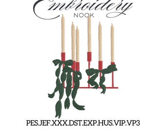 Vintage Christmas Candle Embroidery Design. Holiday Candleholder with Ribbons. Elegant Festive Machine Embroidery File for the holidays.