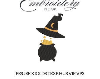 Magic Cauldron Embroidery Design. Witch Hat and Cauldron Stitch File. Halloween Witchy Machine Embroidery. Silhouette cauldron Witch Stitch.