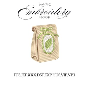 May include: An embroidered design of a beige gift bag with a green bow and a green and white leaf design. The text "MAGIC Embroidery NOOK" is above the bag. Below the bag are the file types: PES.JEF.XXX.DST.EXP.HUS.VIP.VP3.