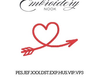 Loop Heart Arrow Embroidery Digital Design. Romantic Love Line Stitch Valentine Embroidery. Romantic stitching and sentimental embroidery.
