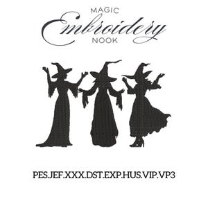 Pode incluir: Design de bordado de silhueta preta com três bruxas em vestidos longos e chapéus pontudos, com os braços levantados. O texto "MAGIC Embroidery NOOK" está acima das bruxas. Abaixo, os tipos de arquivo: PES.JEF.XXX.DST.EXP.HUS.VIP.VP3.