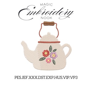 May include: Cream-colored teapot embroidery design with a floral pattern in red, pink, and purple. The teapot has a brown handle and a red trim. The text "MAGIC Embroidery NOOK" is above the teapot.