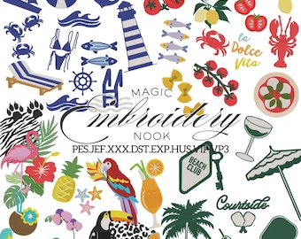 Deluxe Summer Embroidery Bundle. Tropical Machine Embroidery Designs. La Dolce Vita Italian Summer Bundle. Vintage Nautical Theme bundle.