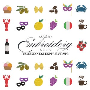 May include: A collection of embroidered designs featuring various food items, a crab, a mask, and a bottle of wine. The text "MAGIC Embroidery NOOK" is displayed in elegant script, along with file type codes.