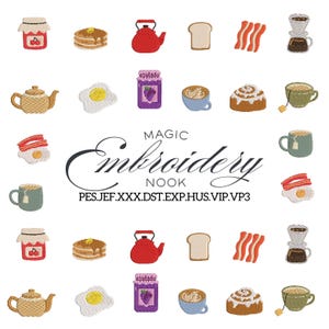 Könnte beinhalten: Gestickte Frühstücksmotive mit Pfannkuchen, Speck, Eiern, Toast, Kaffee, Tee und Marmeladengläsern. Der Text "MAGIC Embroidery NOOK" ist ebenfalls im Bild enthalten.