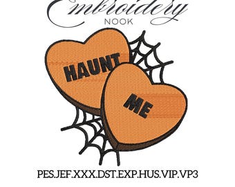 Haunt Me Embroidery Design. Cute Halloween Digital File. Orange Heart Web Stitch. Spooky Cute Halloween Embroidery Pattern. Halloween heart.
