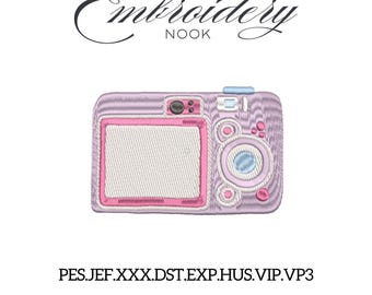 Cute Digital Camera Embroidery Design with Coquette Pastel Aesthetic. Kawaii Y2K Inspired Point And Shoot Camera for Fashion Accessories.