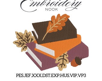 May include: An embroidery design featuring a stack of three books in shades of brown, orange, and purple, adorned with autumn leaves and an acorn. The text "MAGIC Embroidery NOOK" is arched above the books.