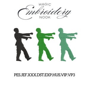 May include: An embroidery design featuring three zombie silhouettes in black, green, and teal. The design includes the text "MAGIC Embroidery NOOK" in a script font, and file type codes below the zombies.