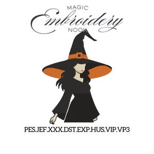 Witch Silhouette Digital Embroidery File. Halloween Witch Hat Black Dress Orange Hat. Machine Embroidery Design . Witch Silhouette file.