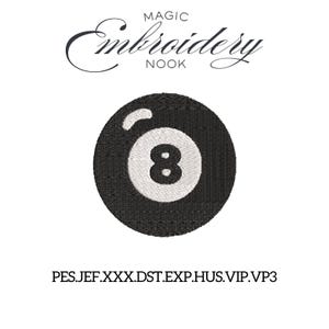 Puede incluir: Parche bordado negro con un número 8 blanco dentro de una bola de billar negra. El texto "MAGIC Embroidery NOOK" está arqueado sobre la bola. Debajo, abreviaturas de tipos de archivo.