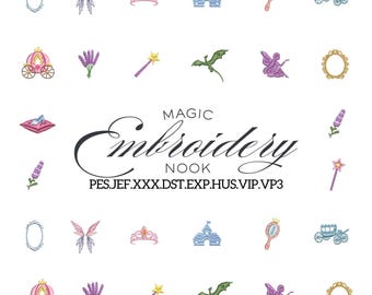 Mini Fairytale Princess Embroidery Icon Bundle. Fantasy Motif stitching Featuring magical storybook designs with Pastel magical themes.