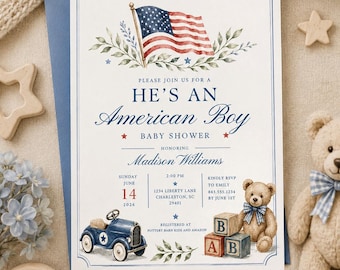 Patriotic American Boy Baby Shower Invitation, Vintage Watercolor (Digital Download)