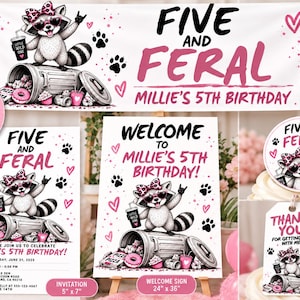 May include: A 5-piece party bundle featuring a raccoon graphic with pink hearts and paw prints. Includes a 72 x 24 inch banner, 5 x 7 inch invitation, 24 x 36 inch welcome sign, 2 inch round cupcake topper, and 2 x 3.5 inch thank you tag.