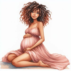 Kobieta w ciąży Afroamerykanka Clipart | Cyfrowa sztuka ciążowa | Ilustracja ciążowa czarnej kobiety | Clipart na baby shower | Kobieta w ciąży