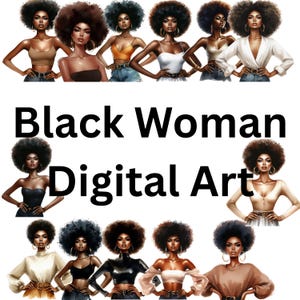 Zestaw klipartów Afro Queen | Cyfrowa sztuka czarnej kobiety | Afrocentryczny PNG | Clipart z naturalnymi włosami | Ilustracje z magią melaniny|