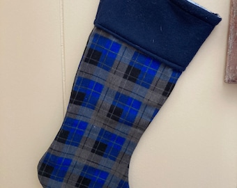 Christmas Stocking Blue & Gray Plaid