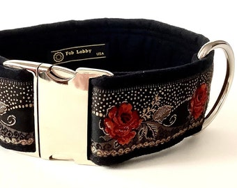 ROSE ROUGE 2" wide Metal Buckle PREMIUM Dog collar on Black comfort padded lining. 2" wide, choice of 3 large sizes. collar for large dogs