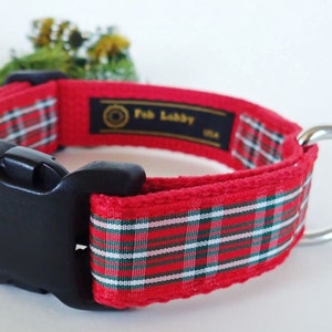 TARTAN Mc Gregor 1” wide Dog collar and optional leash. Red, green, white  on Red webbing. Tartan McGregor. Red leash. Size, style choice