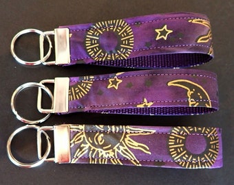 SUN and MOON Key Fob. Purple night sky fob, Astral fob. Purple webbing. Silver nickel hardware. Wristlet. 1" wide, Size choice