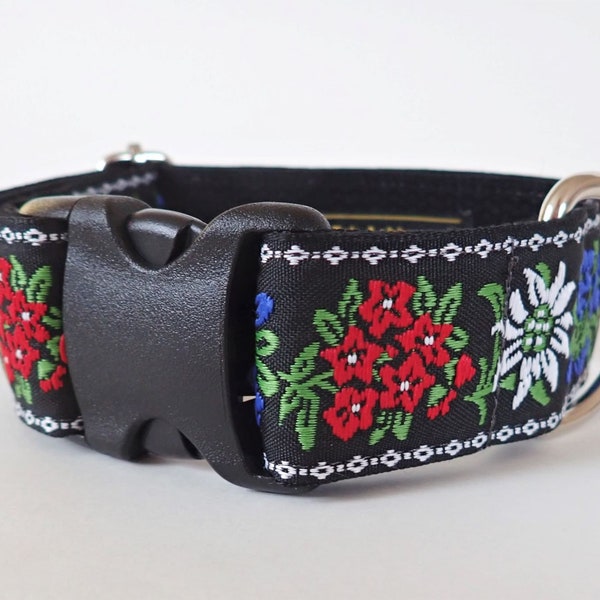 EDELWEISS 1.5" wide Dog collar and optional leash. Red, White, Blue on Black webbing. 1.5" wide, Black leash. Size, style choice