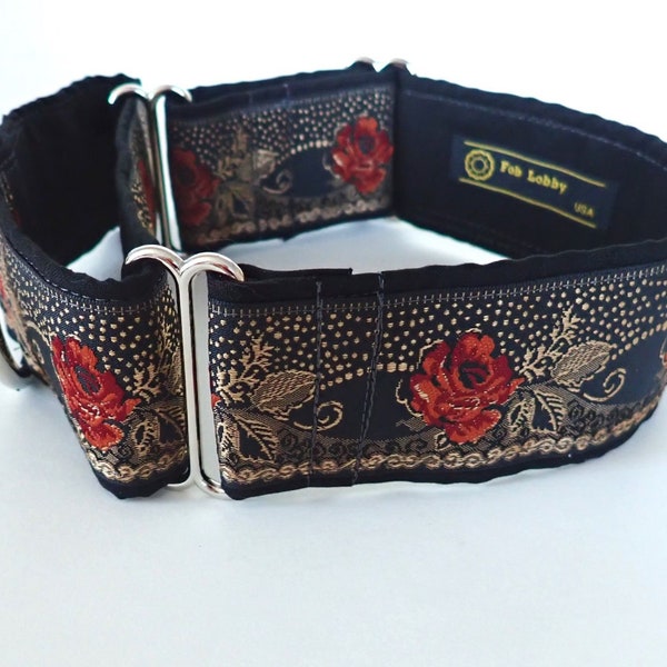 ROSE ROUGE 2" wide fully lined MARTINGALE wide Dog collar. Red and gold roses on black. Size choice. Special occasion