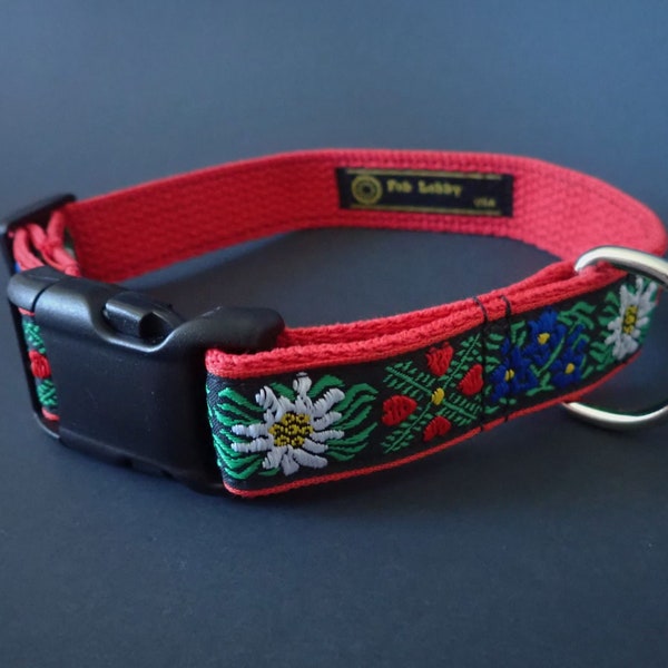 EDELWEISS 1 " wide Dog collar and optional red leash. Red, white, blue, green, black on Red webbing. Black buckle. Size, style choice