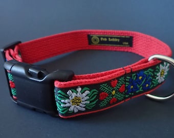 EDELWEISS 1 " wide Dog collar and optional red leash. Red, white, blue, green, black on Red webbing. Black buckle. Size, style choice