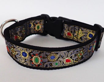 BLACK JEWELS 1.5" wide Dog collar  Gold, rubies, emeralds, sapphires, diamonds on Black webbing. Size choices