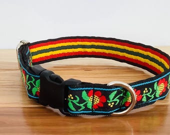 Special Sensitive Skin Dog collar with black buckle.Alpine floral Red, yellow, green, black on special softer webbing. 3/4” wide,Size choice