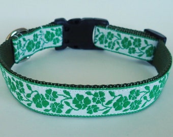 GREEN FLORAL SHAMROCK 1" wide Dog collar green on white flowers on Army green webbing. Size choice