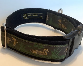 DUCKS MALLARDS 1.5" wide Dog collar Tan, green on charcoal Black on black webbing. Black buckle, Size choice duck hunters bird dog collar