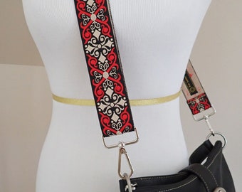 DOLMAN Crossbody Purse strap. Red, beige and black strong woven canvas, camera strap. Choice of silver or gold tone hardware.