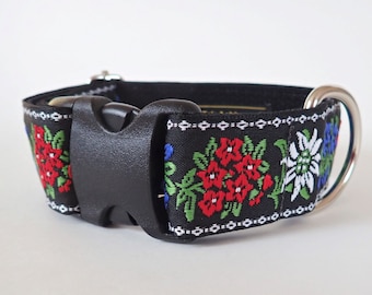 EDELWEISS 1.5" wide Dog collar and optional leash. Red, White, Blue on Black webbing Black buckle 1.5" wide, Black leash. Size, style choice