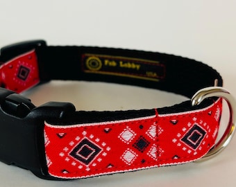 ROCKABILLY BANDANA 1 " wide Dog collar. Black, white, on red and on Black webbing. Black buckle. Size, style choice