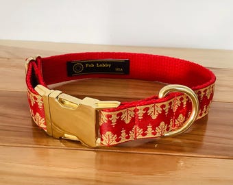 RED and GOLD 1" wide Dog collar. Red and matte gold Jacquard tapestry on red webbing. High polish Gold buckle and hardware, sizes choices