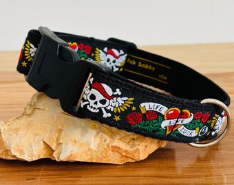 Pirate 1" wide LOVE, SKULL, ROSES, Hearts Dog collar Red green white  on Black webbing. Black leash. Size, style choice