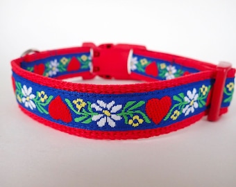 Edelweiss SWEDISH HEARTS Dog collar with Red buckle. Red,white, yellow, green, blue on Red webbing. 1" wide, Size choice