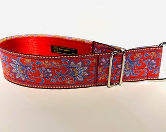 Medieval Floral MARTINGALE 2 1/4” wide no pull Tapestry Dog collar. Orange with Blue, green . On heavy duty red seat belt webbing.