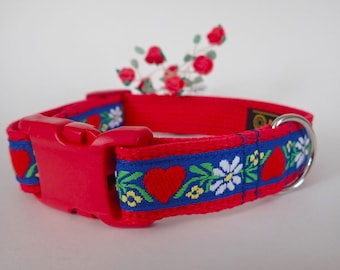 SWEDISH HEARTS Dog collar with Red buckle and optional leash. Red,white, yellow, green, blue on Red webbing. 1" wide, Red leash. Size choice