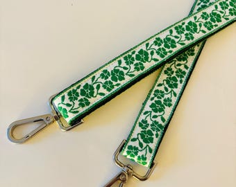 SHAMROCK 1" wide Cross body Purse strap. Green on white on green webbing adjustable replacement strap. Silver or gold hardware