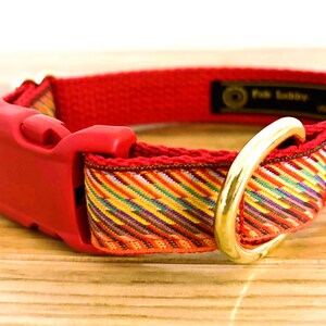 FIRE BOLT MULTICOLOR 1 " wide Dog collar. Bright diagonal fire bolts on red webbing. Red buckle. Gold metal hardware,style and sizes choices