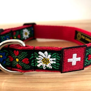 Könnte beinhalten: Roter, schwarzer und grüner Hundehalsband mit gestickten Blumen und einem Schweizer Flaggen-Patch.