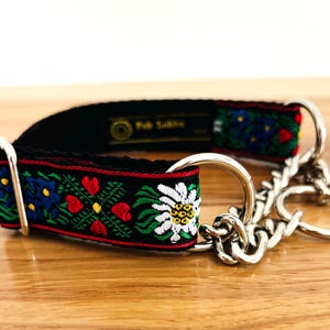Regulowana obroża MARTINGALE EDELWEISS o szerokości 2,5 cm z krótkim łańcuszkiem. Na solidnej czarnej taśmie. Wybór rozmiaru.