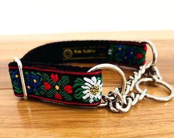 EDELWEISS 1" wide MARTINGALE adjustable collar with short chain loop. On solid black webbing. Size choices