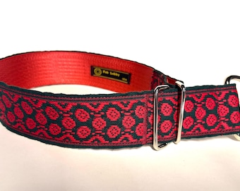 Scandinavian folklore MARTINGALE 2 1/4” wide no choke no pulling Dog collar. Red on dark Green. On heavy duty seat belt webbing.Green collar